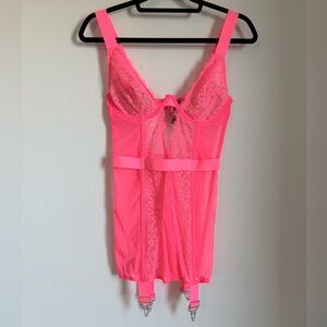 Victoria's Secret Neon Pink Lace Sexy Corset Lingerie Chemise Garter